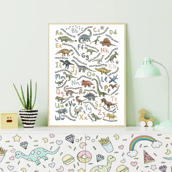 Affiche alphabet dinosaure pour chambre enfant.