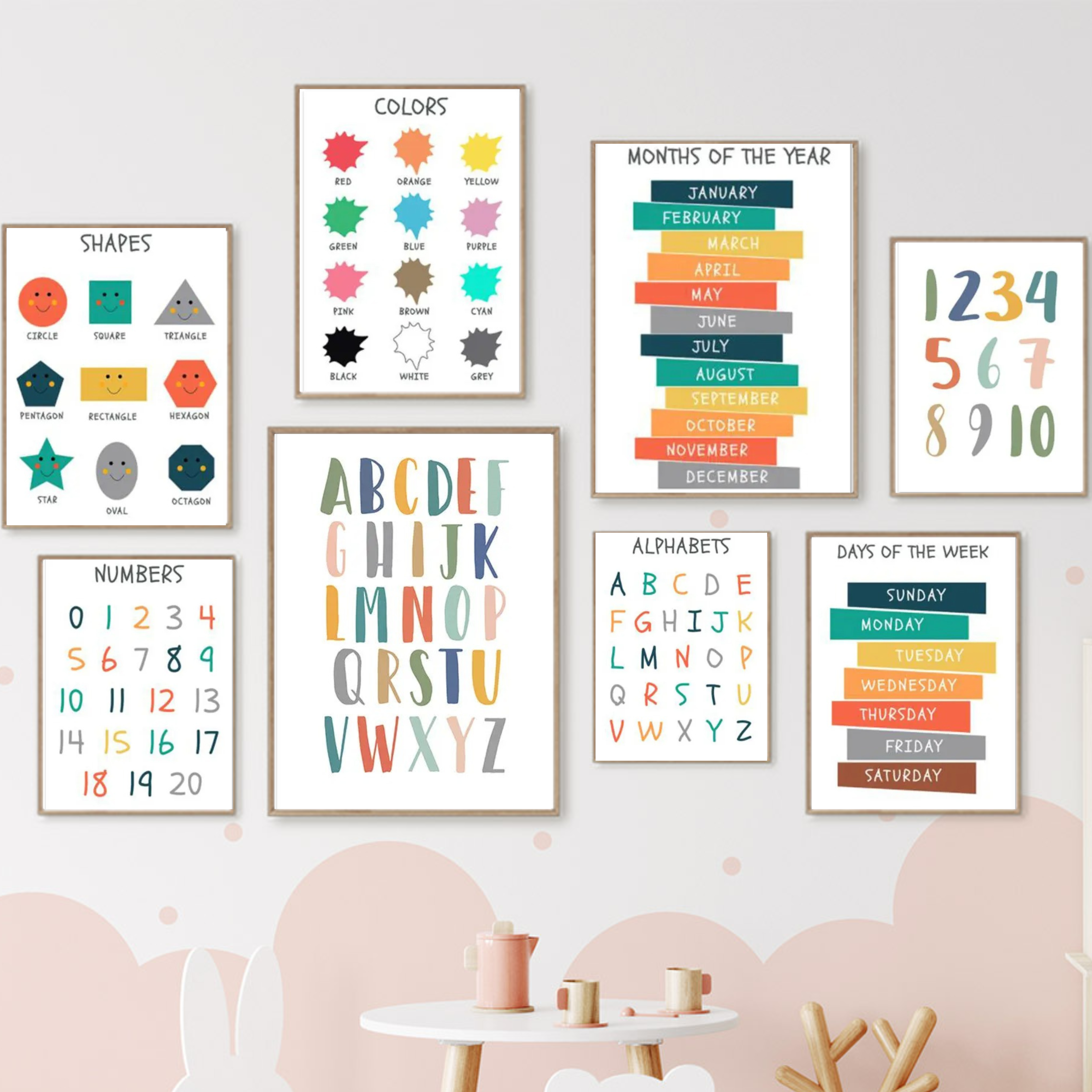 Affiches éducatives en anglais pour enfants, avec alphabet, chiffres, formes, couleurs, mois et jours de la semaine. Design coloré et ludique, idéal pour une décoration de chambre d’enfant ou une salle de classe Montessori.