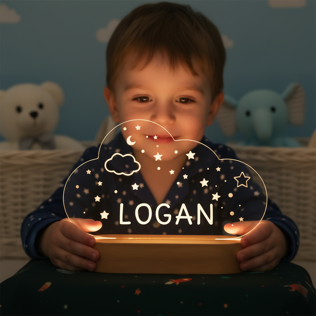 Veilleuse personnalisée nuage en acrylique avec lune et étoiles, style boho chic, prénom gravé, base en bois avec éclairage LED doux, idéale pour une ambiance apaisante dans une chambre d’enfant.