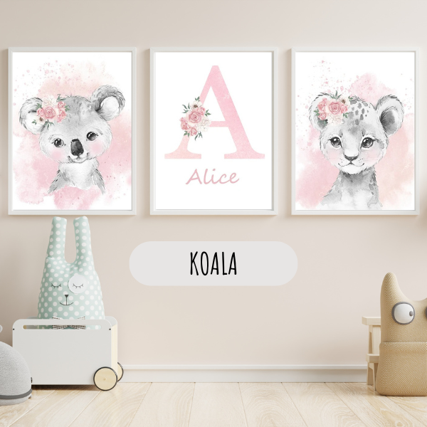 Affiche Animaux Roses Personnalisée - Déco Chambre Bébé Fille