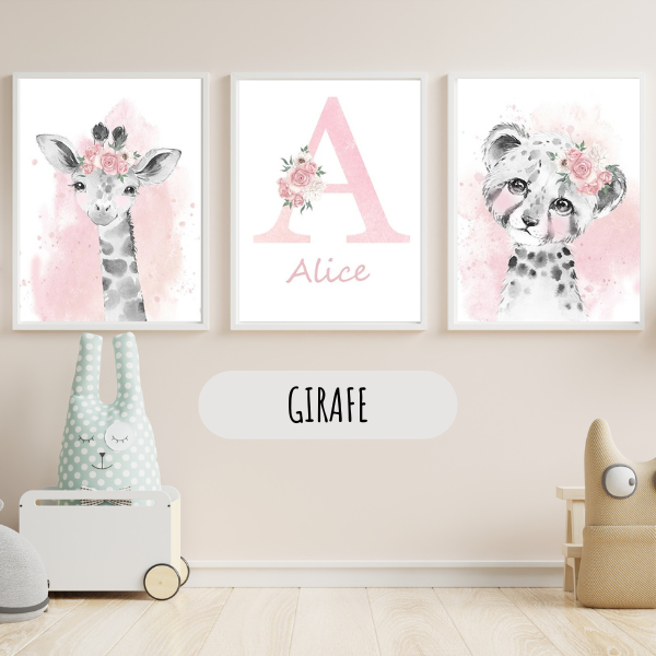 Affiche Animaux Roses Personnalisée - Déco Chambre Bébé Fille