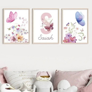 Affiche papillons et fleurs personnalisée pour chambre fille