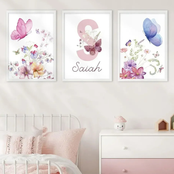 Affiche papillons et fleurs personnalisée pour chambre fille