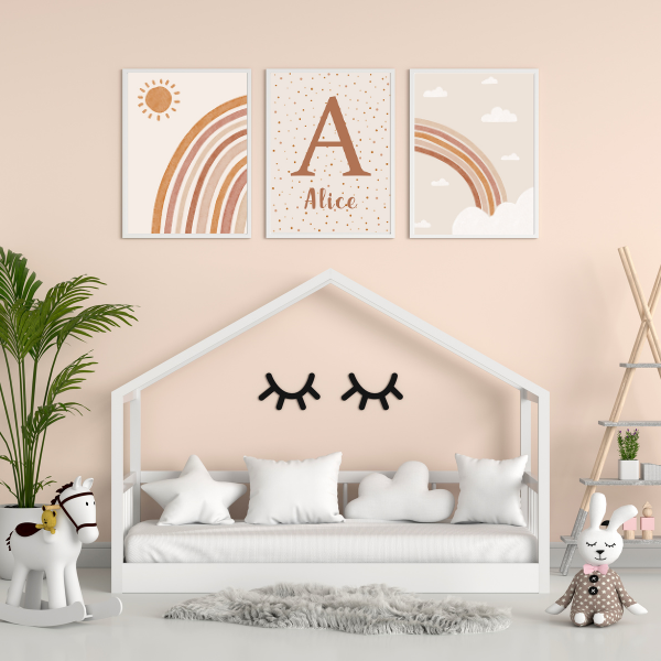 Affiche boho soleil et arc-en-ciel personnalisée – Déco chambre enfant