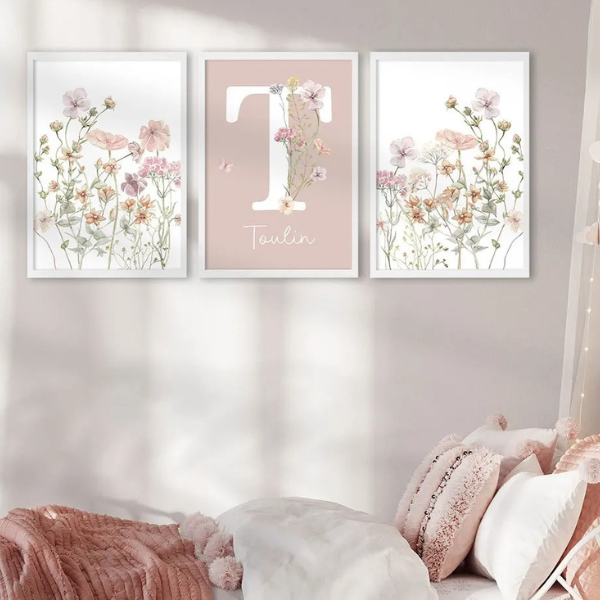 Affiche prénom personnalisée fleurie pour chambre bébé fille