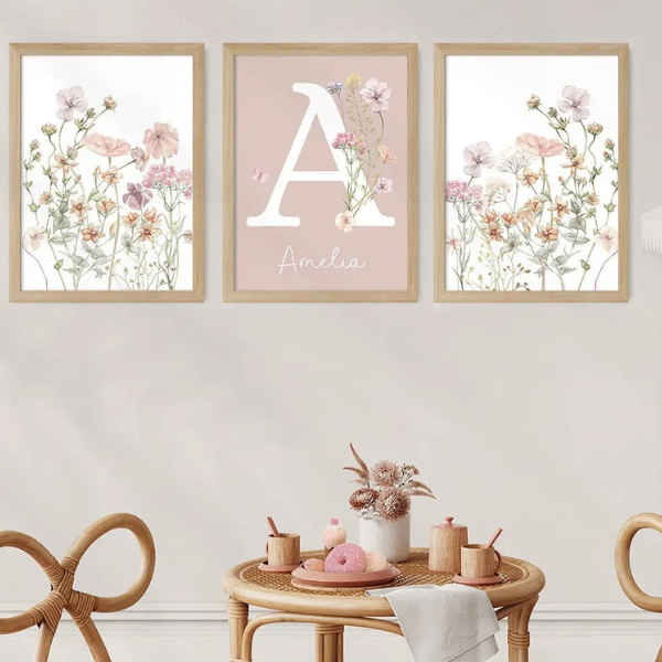 Affiche prénom personnalisée fleurie pour chambre bébé fille