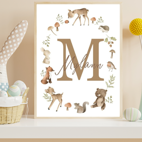 Affiche Animaux de la Forêt Personnalisable - Déco Chambre Bébé et Enfant