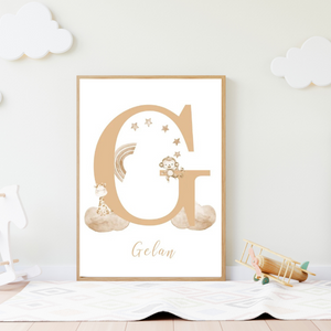 Affiche Prénom et Initiale - Girafe et Singe sur Nuage