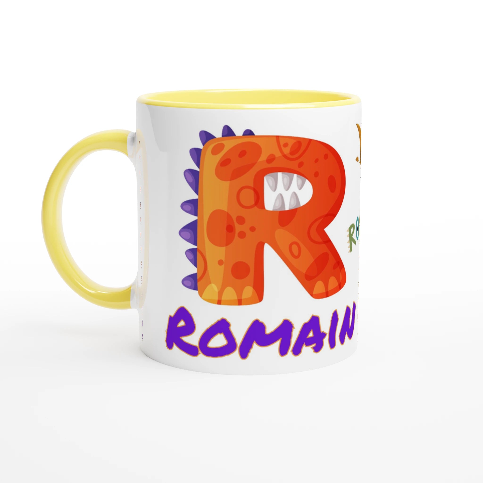 Tasse personnalisée pour enfant avec motif dinosaure et prénom idéal pour les fans de dinosaures, disponible avec un intérieur jaune.