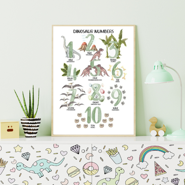 Affiche éducative en anglais illustrant les chiffres de 1 à 10 avec des dinosaures et éléments naturels, idéale pour une chambre d'enfant.