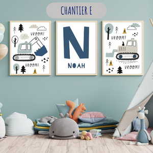 Affiches déco enfant "Vroom" avec engins de chantier et prénom, idée cadeau personnalisé