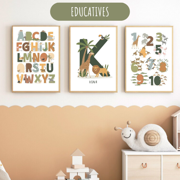 Affiche éducative alphabet avec illustrations d’animaux de la jungle, parfaite pour apprendre les lettres tout en décorant une chambre d’enfant.