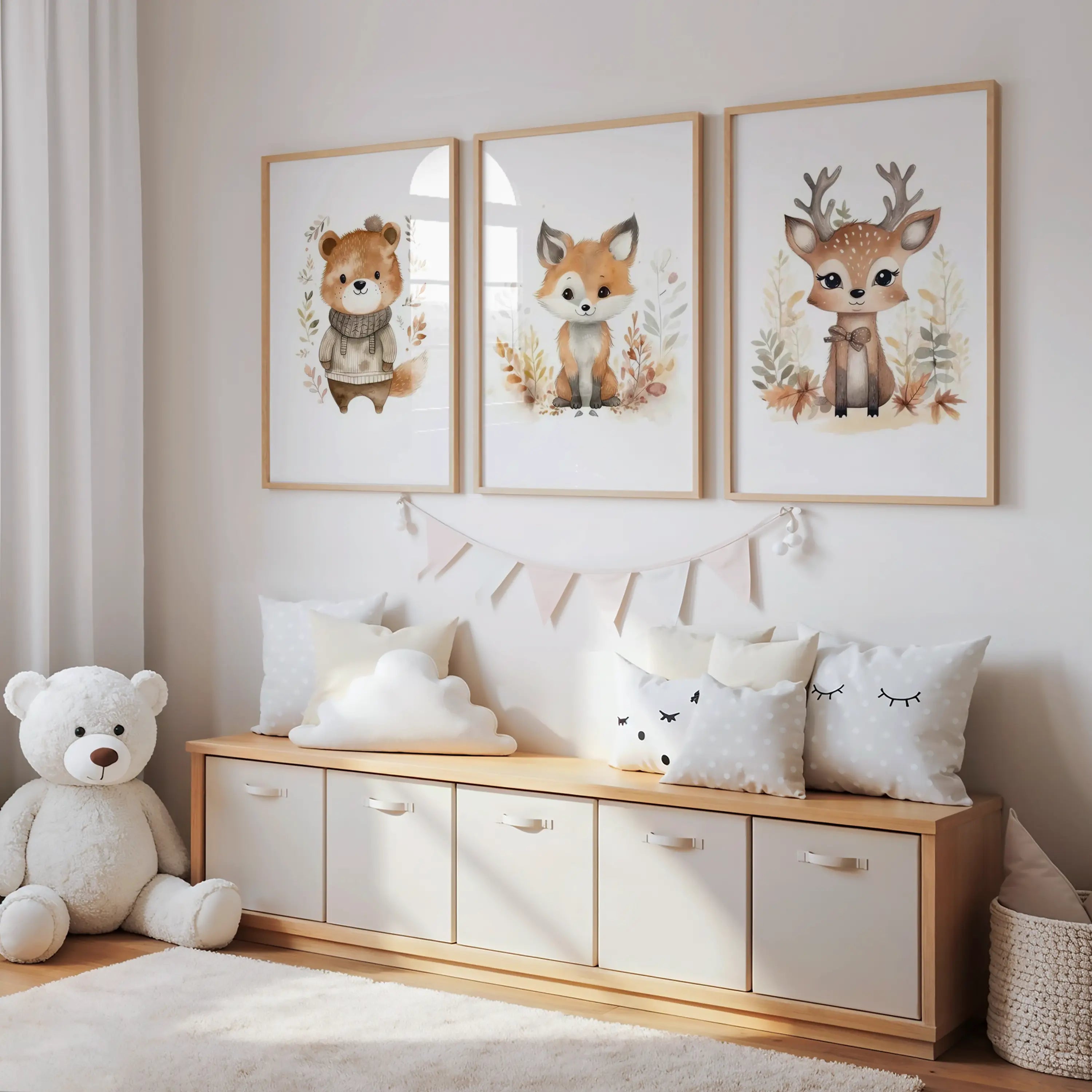 Triptyque décoration murale chambre enfant animaux forêt tons chauds