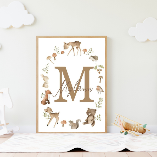 Affiche murale avec animaux de la forêt dans un style doux pour décoration de chambre d’enfant