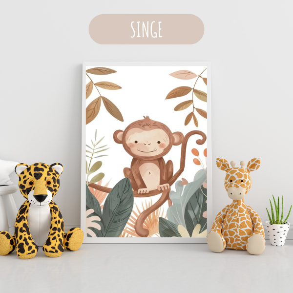 Affiche enfant d’un petit singe espiègle dans une forêt tropicale, idéale pour une déco ludique et colorée.