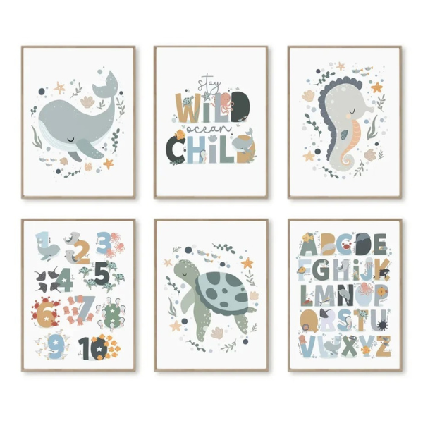 Lot de six affiches décoratives sur le thème de la mer, parfait pour une chambre d’enfant.