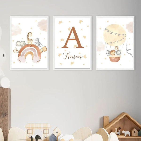 décoration murale avec animaux safari sur arc-en-ciel dans une chambre bébé