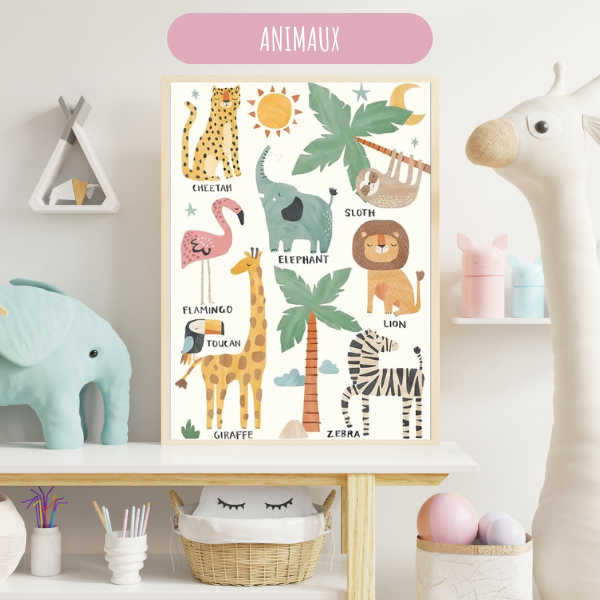 Affiche murale décorative avec des animaux de la savane, idéale pour une déco jungle douce et naturelle.