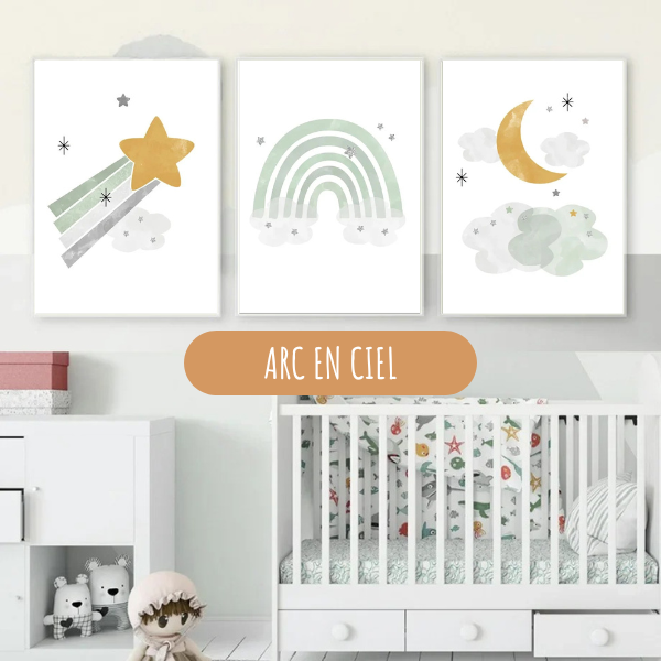 Ensemble de trois affiches avec un arc-en-ciel, une étoile filante et une lune sur fond blanc et vert sauge, idéal pour une chambre d’enfant.