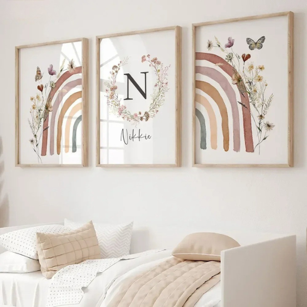 Ensemble de 3 affiches murales avec arc-en-ciel bohème, fleurs séchées et initiale décorative pour chambre bébé