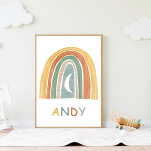 Affiche murale bébé avec arc-en-ciel aux tons doux et lune centrale, décoration bohème et apaisante pour chambre d’enfant.