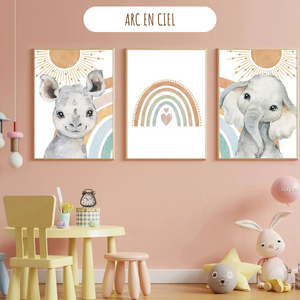 Illustration arc-en-ciel pastel style jungle bohème, parfaite pour une chambre bébé fille.