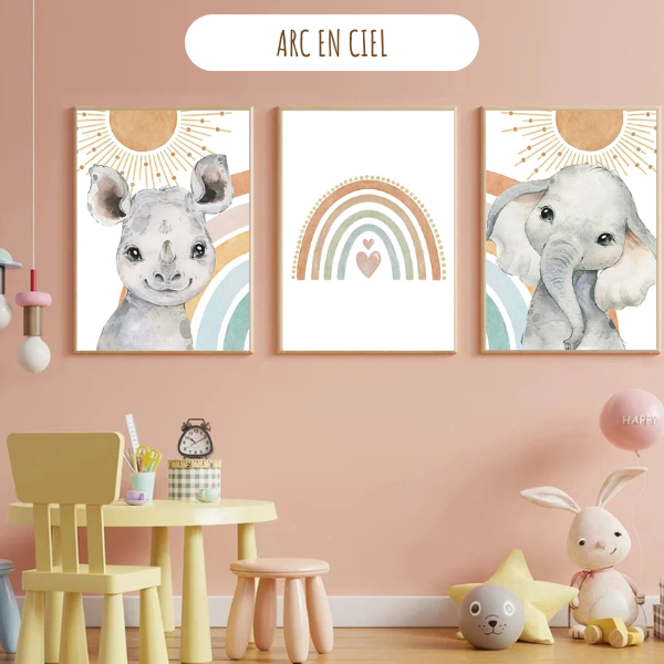 Illustration arc-en-ciel pastel style jungle bohème, parfaite pour une chambre bébé fille.