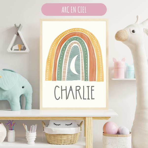 Affiche arc-en-ciel personnalisable avec prénom, une touche unique et bohème pour la chambre de votre enfant.