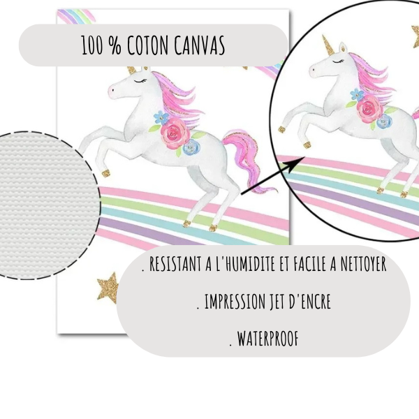 Tableau arc-en-ciel avec nuages et cœurs pastel, personnalisable avec un prénom, pour une ambiance féerique