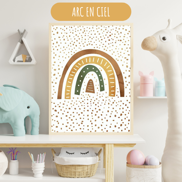 Illustration arc-en-ciel bohème pour une touche de douceur et de nature dans une chambre de bébé.