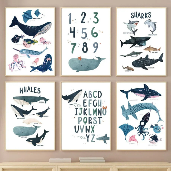 Ensemble de six affiches sur le thème marin avec baleines, requins, chiffres et vie sous-marine pour une déco ludique et éducative.