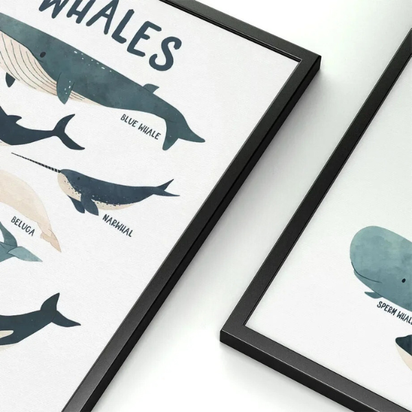 Gros plan sur une affiche éducative des cétacés avec baleines et narvals, idéale pour une chambre d’enfant.