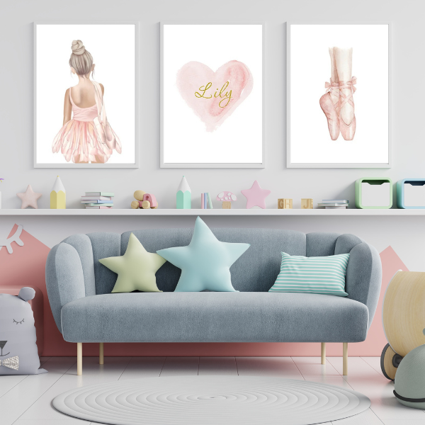 Affiches murales ballerine et cœur rose personnalisées pour chambre d'enfant, imprimées sur toile canvas.