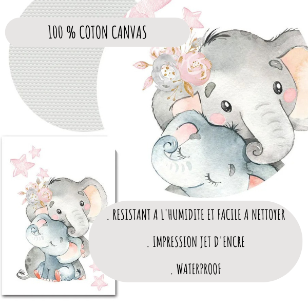 Détail d’une affiche bébé avec éléphants aquarelle imprimée sur toile coton, résistante et facile à nettoyer