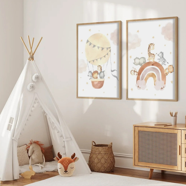 affiche chambre bébé avec montgolfière et animaux de la savane en aquarelle
