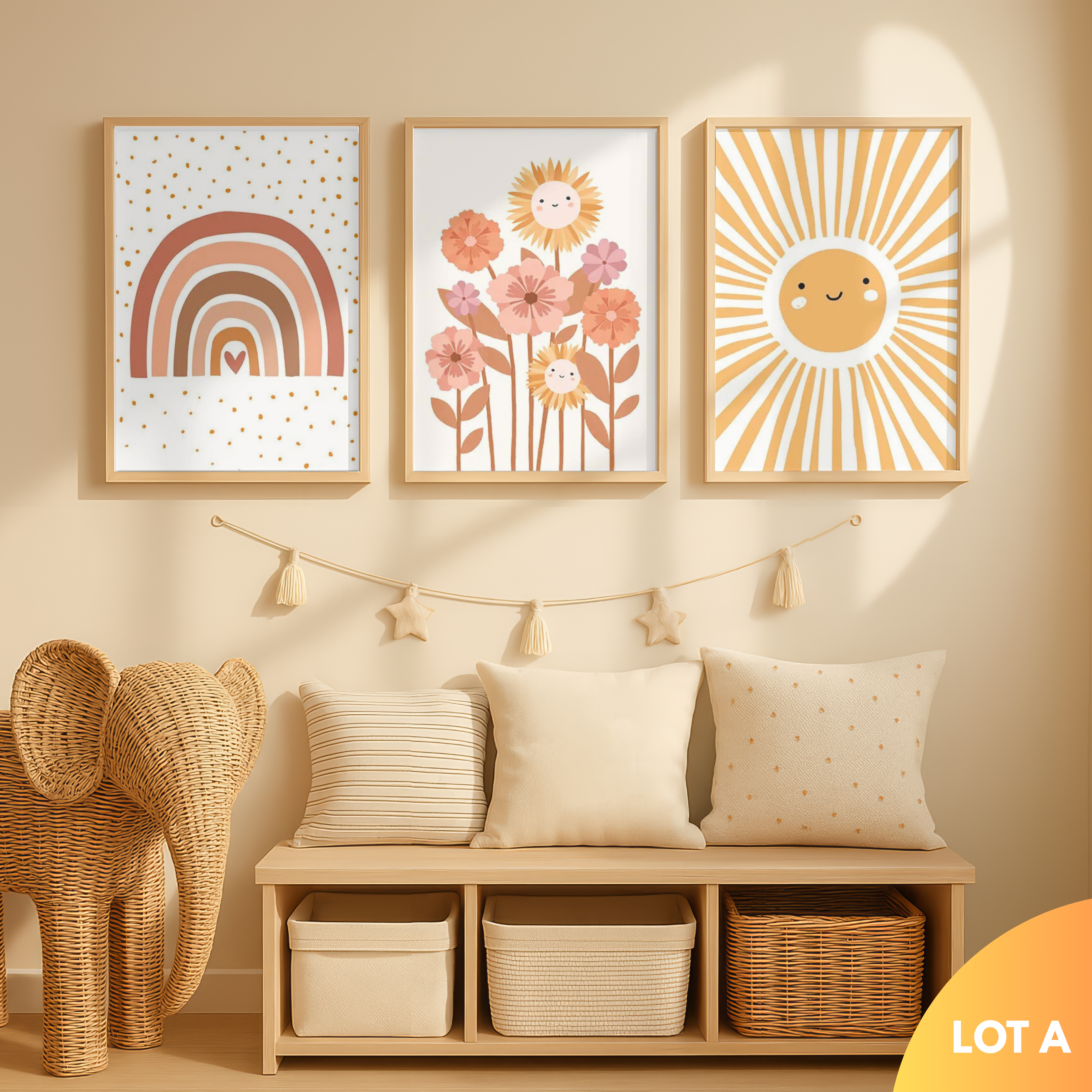 Lot de 3 affiches soleil fleurs et arc-en-ciel dans chambre bébé ton beige