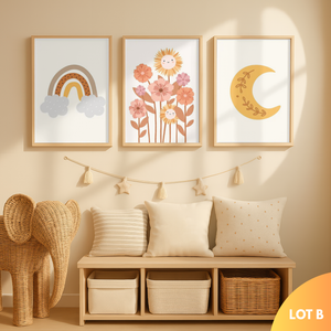 Trio affiches murales enfant style bohème avec soleil et arc-en-ciel