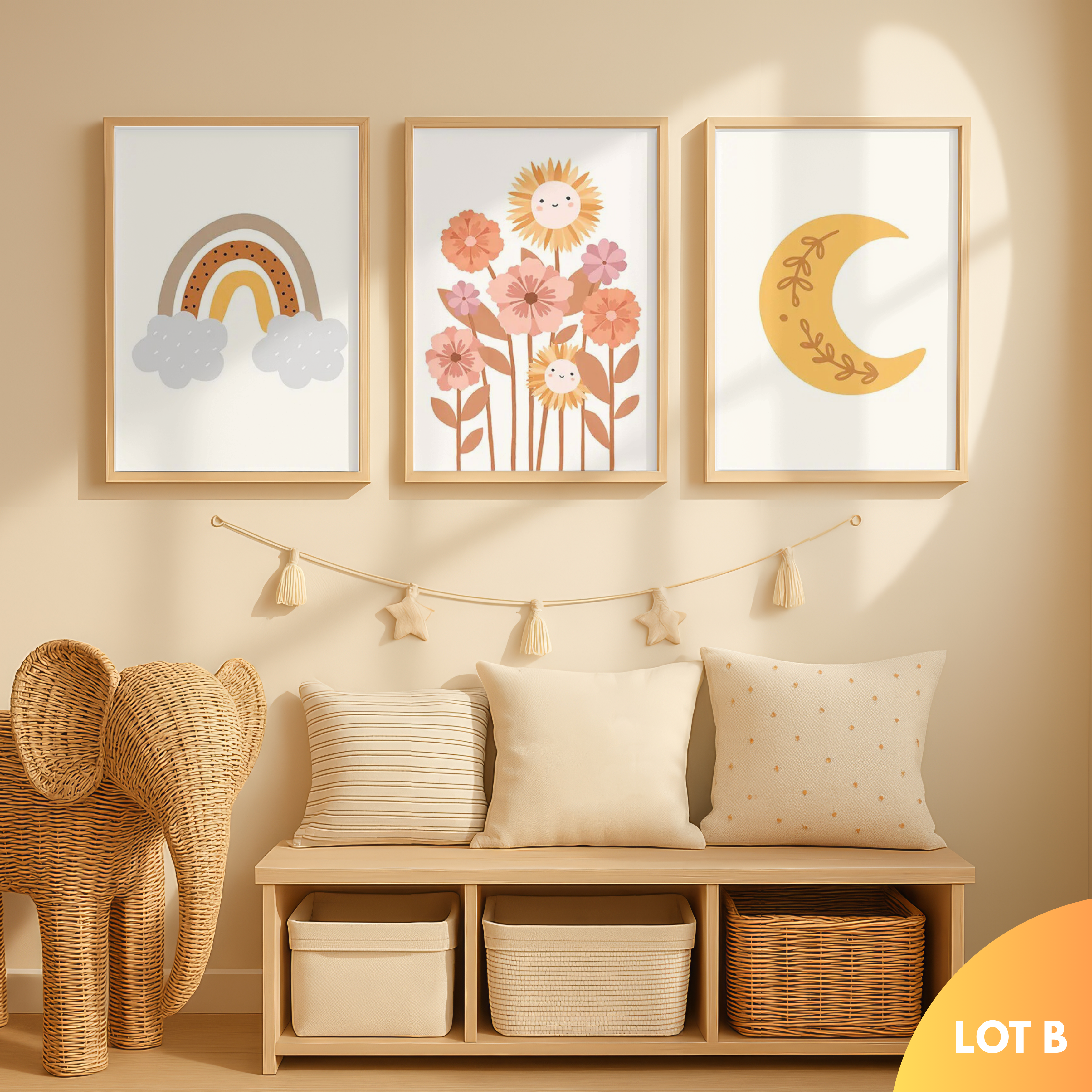 Trio affiches murales enfant style bohème avec soleil et arc-en-ciel