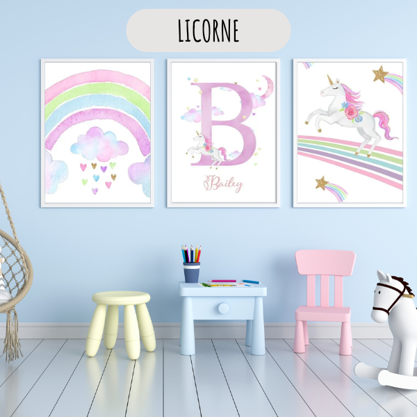 Décoration murale enfant avec set de 3 affiches sur le thème licorne et arc-en-ciel