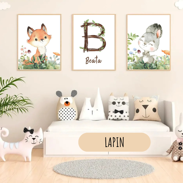 Décoration murale pour chambre enfant avec lapin aquarelle et végétation forêt