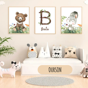 Triptyque d’affiches décoratives pour chambre enfant avec ourson aquarelle tons naturels