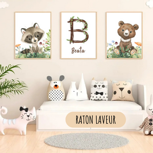 Décoration murale pour chambre enfant avec raton laveur illustré en aquarelle nature