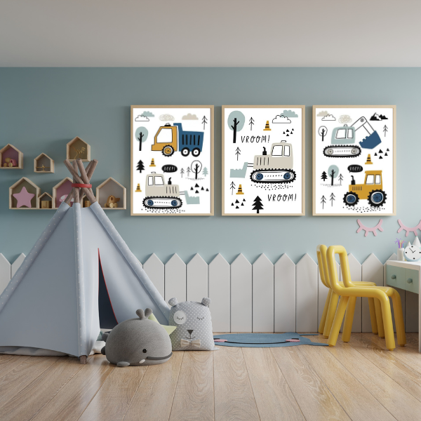 Ensemble de trois affiches murales pour chambre d’enfant avec des engins de chantier et des éléments de construction, idéal pour une décoration ludique.