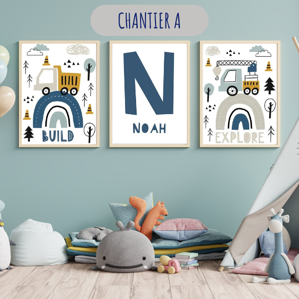 Ensemble de trois affiches sur le thème du chantier, avec option de personnalisation du prénom, parfait pour une déco de chambre d’enfant.
