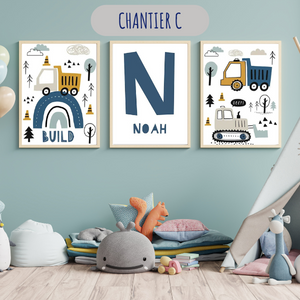 Affiches personnalisées chantier avec prénom et camions, déco murale chambre enfant