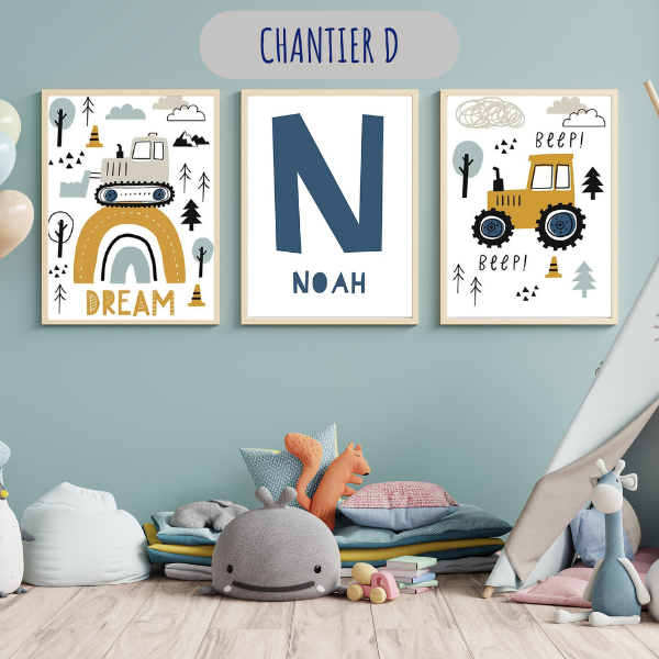 Trio d'affiches murales "Dream" avec prénom et véhicules de chantier, idéal pour une chambre de garçon