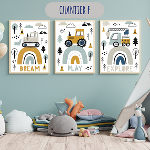 Trio d'affiches murales "Dream, Play, Explore" avec engins de chantier et arc-en-ciel, décoration chambre enfant