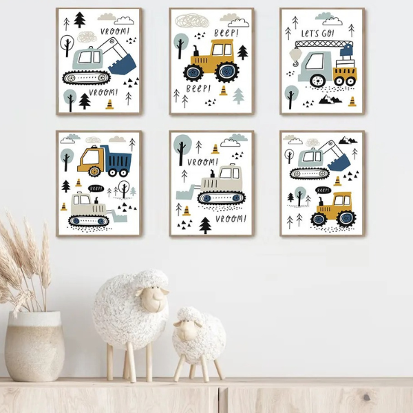 Set de 6 affiches murales engins de chantier pour une déco chambre ludique et éducative