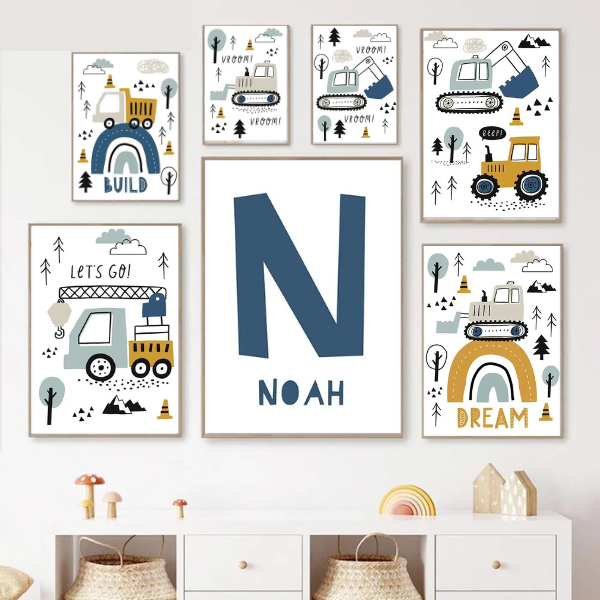 Affiches personnalisées prénom et chantier, décoration murale tendance pour enfant
