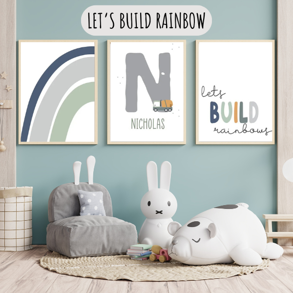 Affiche enfant personnalisée Engins de chantier avec prénom, idéale pour une décoration murale sur le thème des véhicules de construction.
